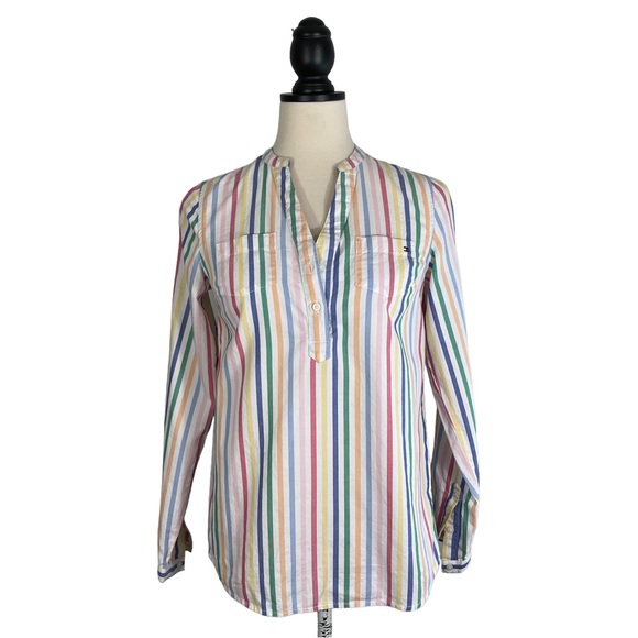 Tommy Hilfiger Tops - Tommy Hilfiger Striped Popover Top White Multicolor Long Sleeve, Size XS